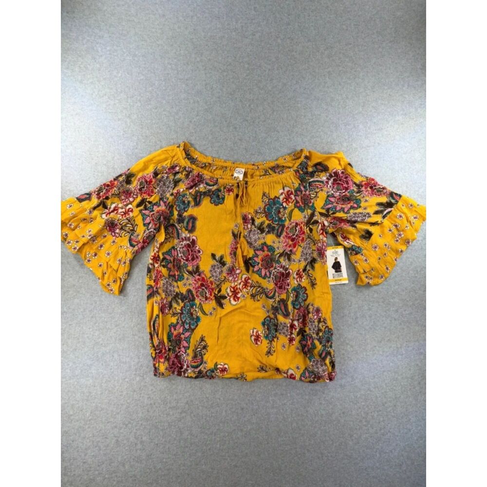 Bila Women’s Goldenrod Yellow Floral Peasant Blouse Bell Sleeve Medium NWT
